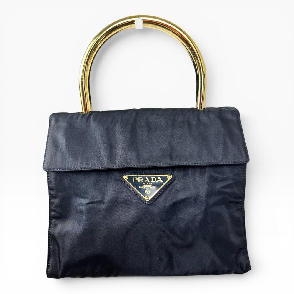 Prada Nylon Top Handle Bag Womens Small Blue Gold Metal Handle Italy Authentic